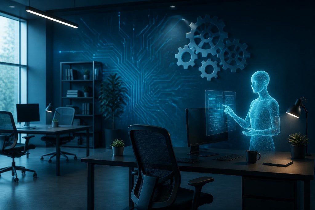 Illustration éditoriale d’un bureau de PME avec des éléments symbolisant l’automatisation par intelligence artificielle en teintes bleu nuit et turquoise, ambiance professionnelle sobre.