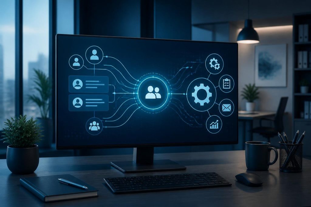 Illustration professionnelle montrant l’intégration fluide d’un logiciel CRM avec des outils d’automatisation, ambiance sobre en bleu nuit et turquoise.
