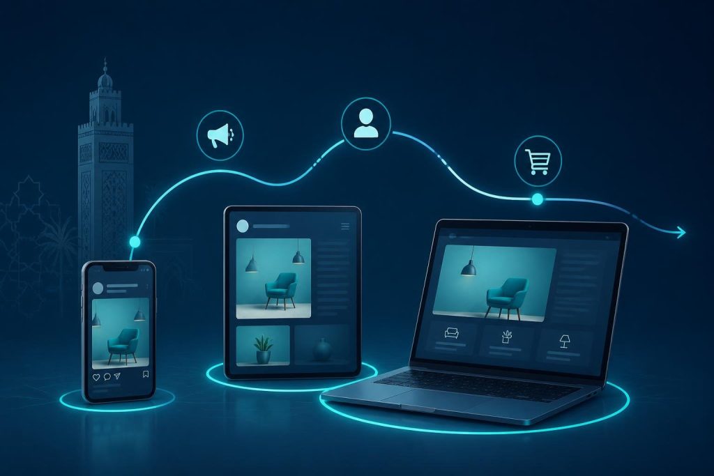 Illustration professionnelle de la publicité digitale avec des éléments graphiques bleu nuit et turquoise représentant le parcours client sur différents appareils numériques.